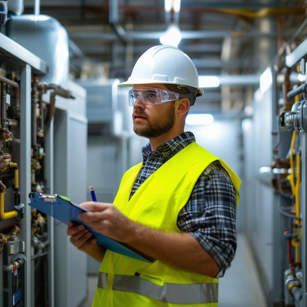 An HVAC technician in a Large Mechanical room with a clipboard in his hand