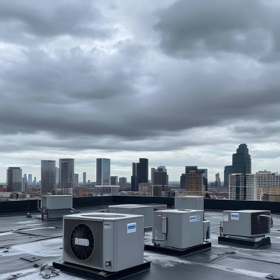 Rooftop HVAC units on a cloudy day on a flat roof surface