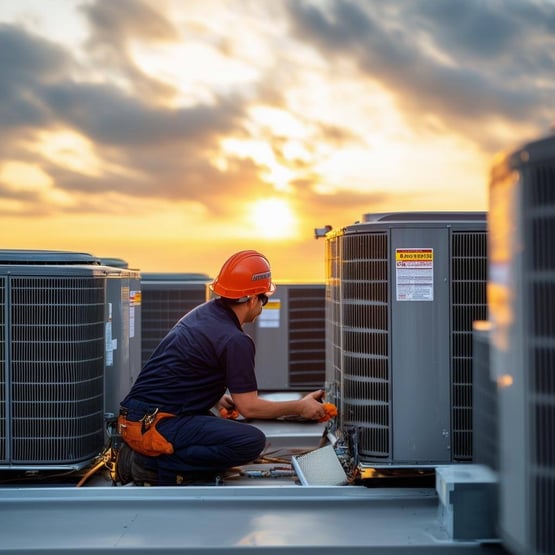 The image features a modern commercial HVAC system installed on the rooftop of a building-1