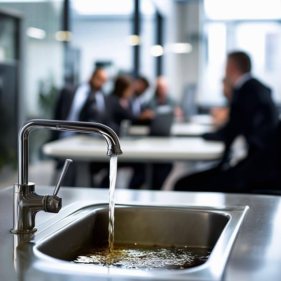 in the background is an office break room with people in suits sitting at tables, in the foreground a sink nice and clean in a office setting out of t