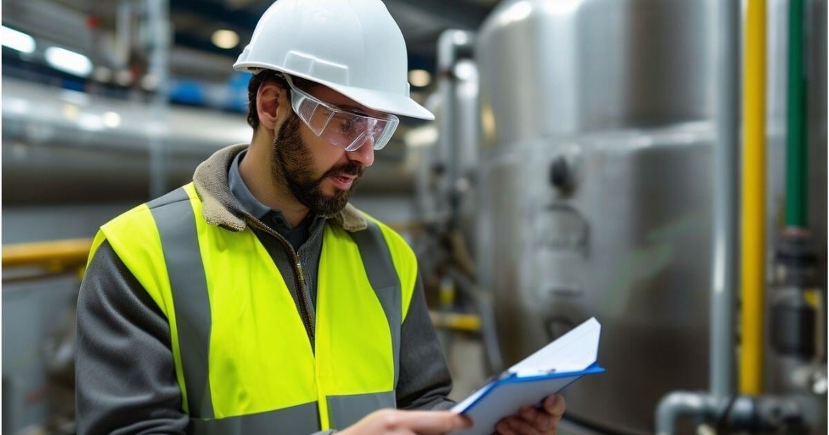 A man with a clipboard wearing a white hard hat and clear safety glasses and a yellow vest is looking a a clipboard in an boiler room 