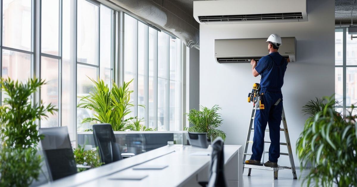 A serviceman on a ladder working on the HVAC in an office building