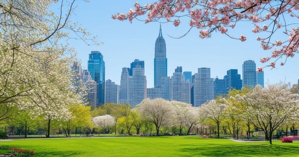 City scape in the background with a park in the foreground on a spring day