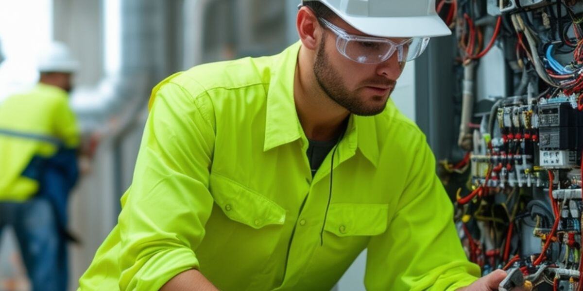 HVAC Technician looking at electrical panel of HVAC equipment